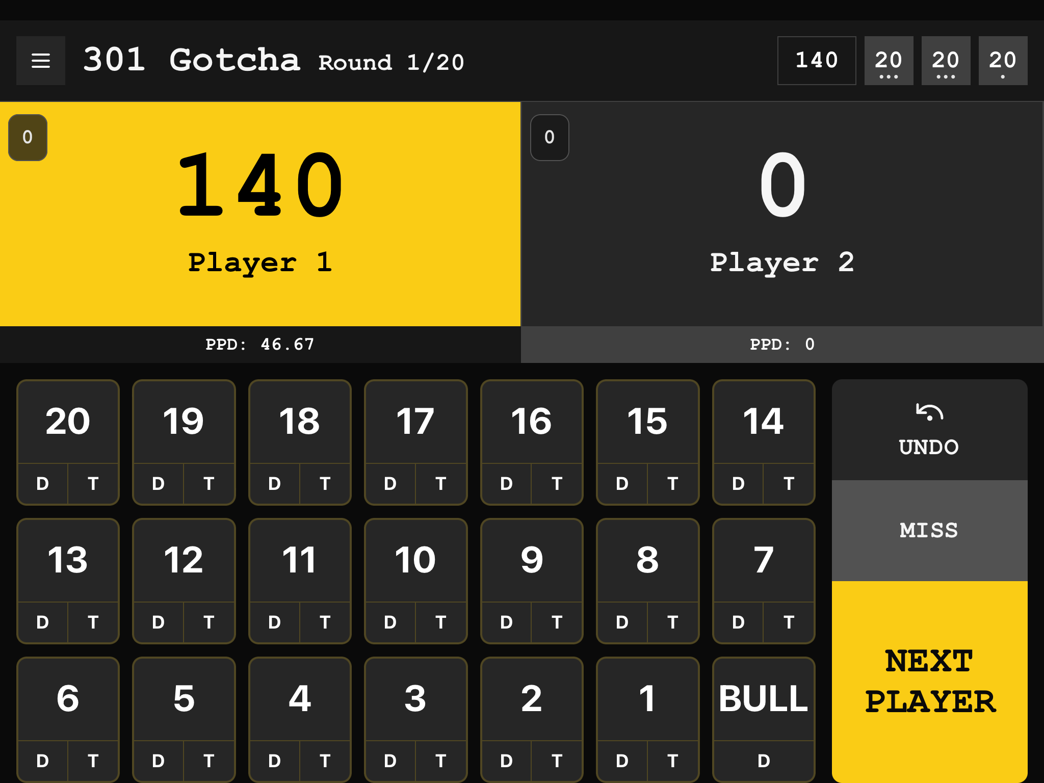 Screenshot of a darts scoring app with two player score segments, and score input buttons below.