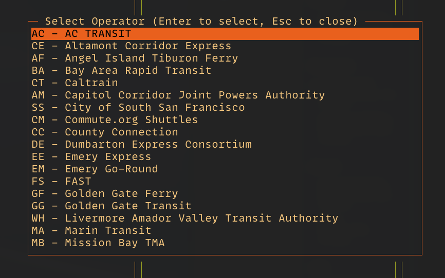 A terminal interface showing a list of transit agencies in the Bay Area for the user to select.