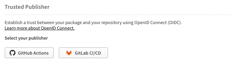 Part of the npmjs.com ui, letting a maintainer select a publisher to configure trusted publishing with