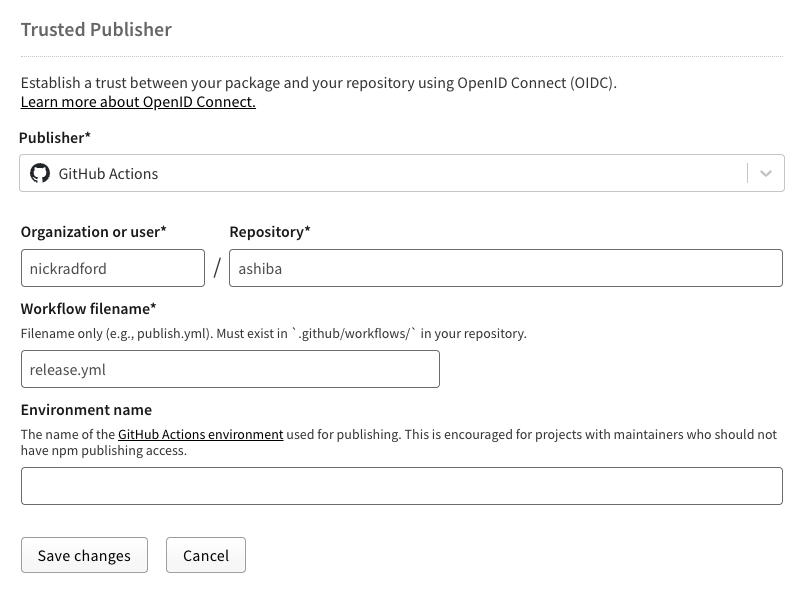 The form to configure your trusted publisher