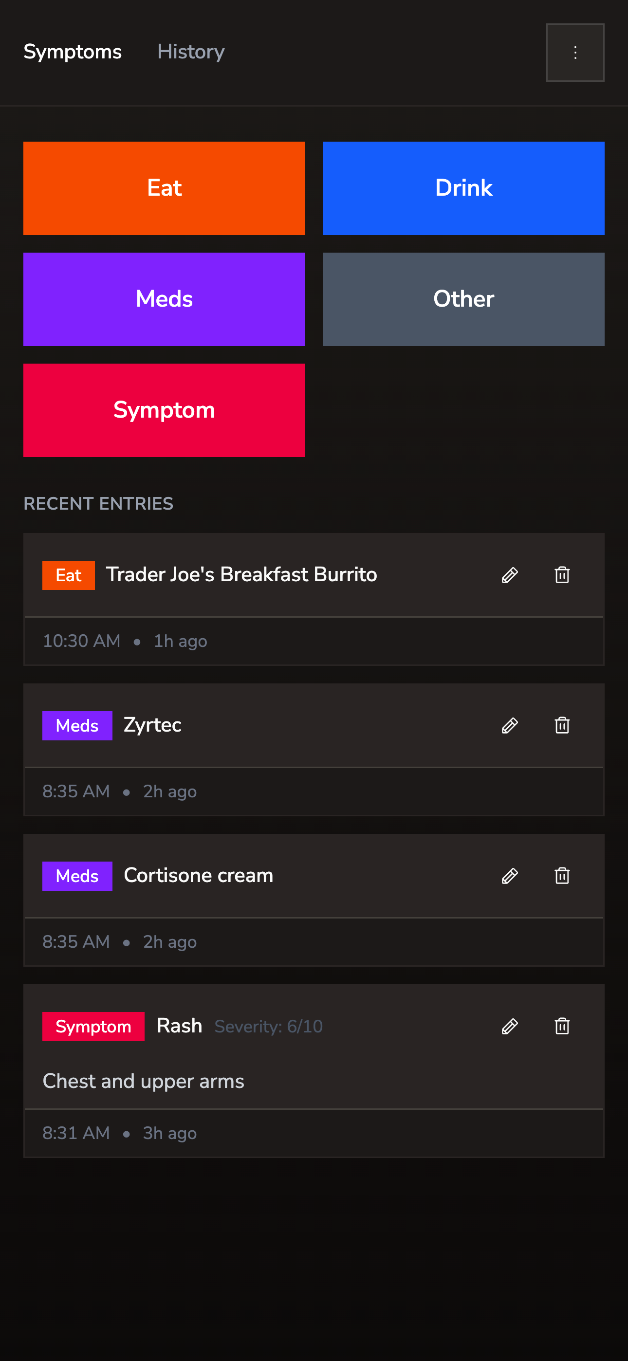 Buttons to quickly capture inputs, and most recent items on the homescreen.
