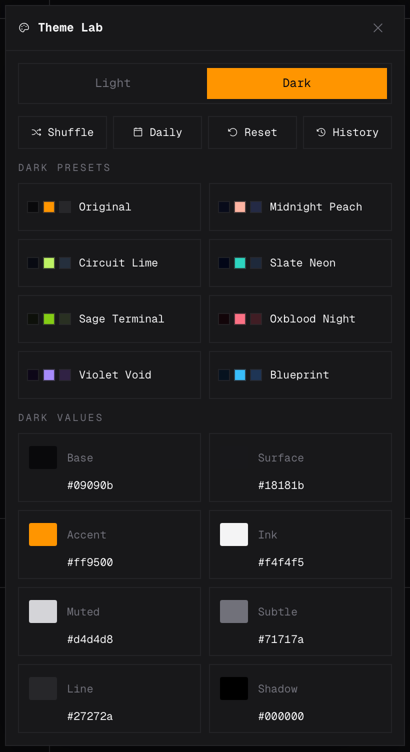 Theme Lab dark mode controls showing presets and editable color values.