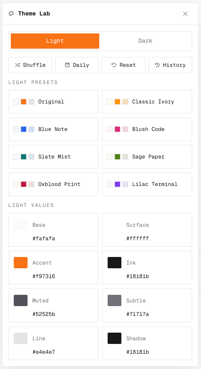 Theme Lab light mode controls showing presets and editable color values.