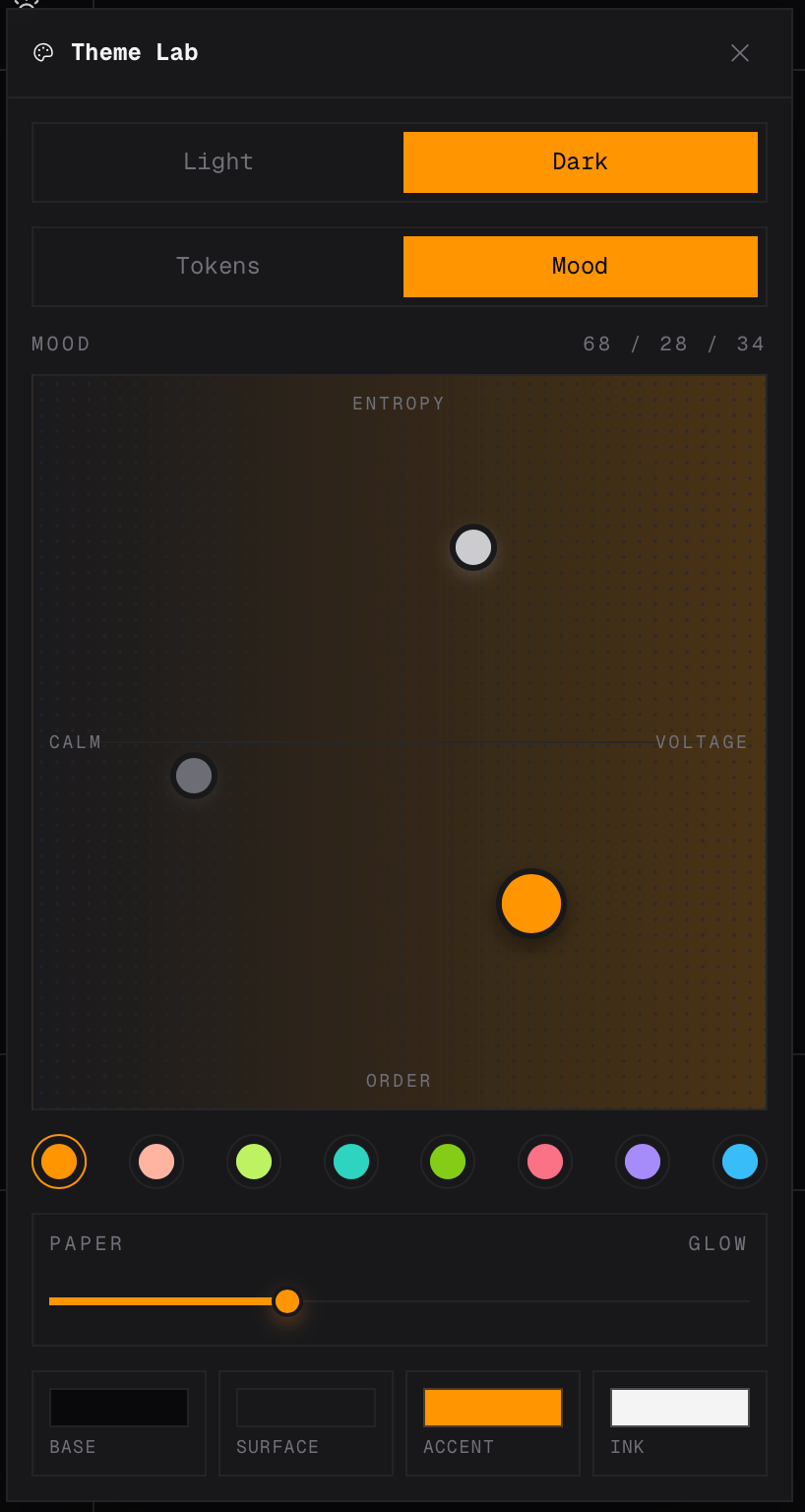 Theme Lab dark mode Mood editor with a two-axis mood pad and glow slider.