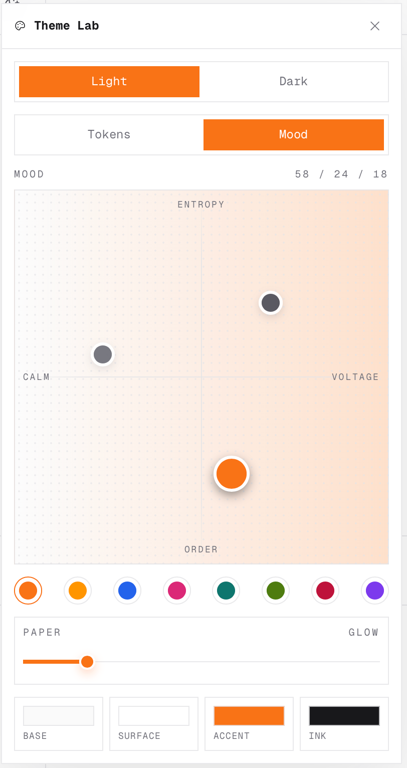 Theme Lab light mode Mood editor with a two-axis mood pad and glow slider.