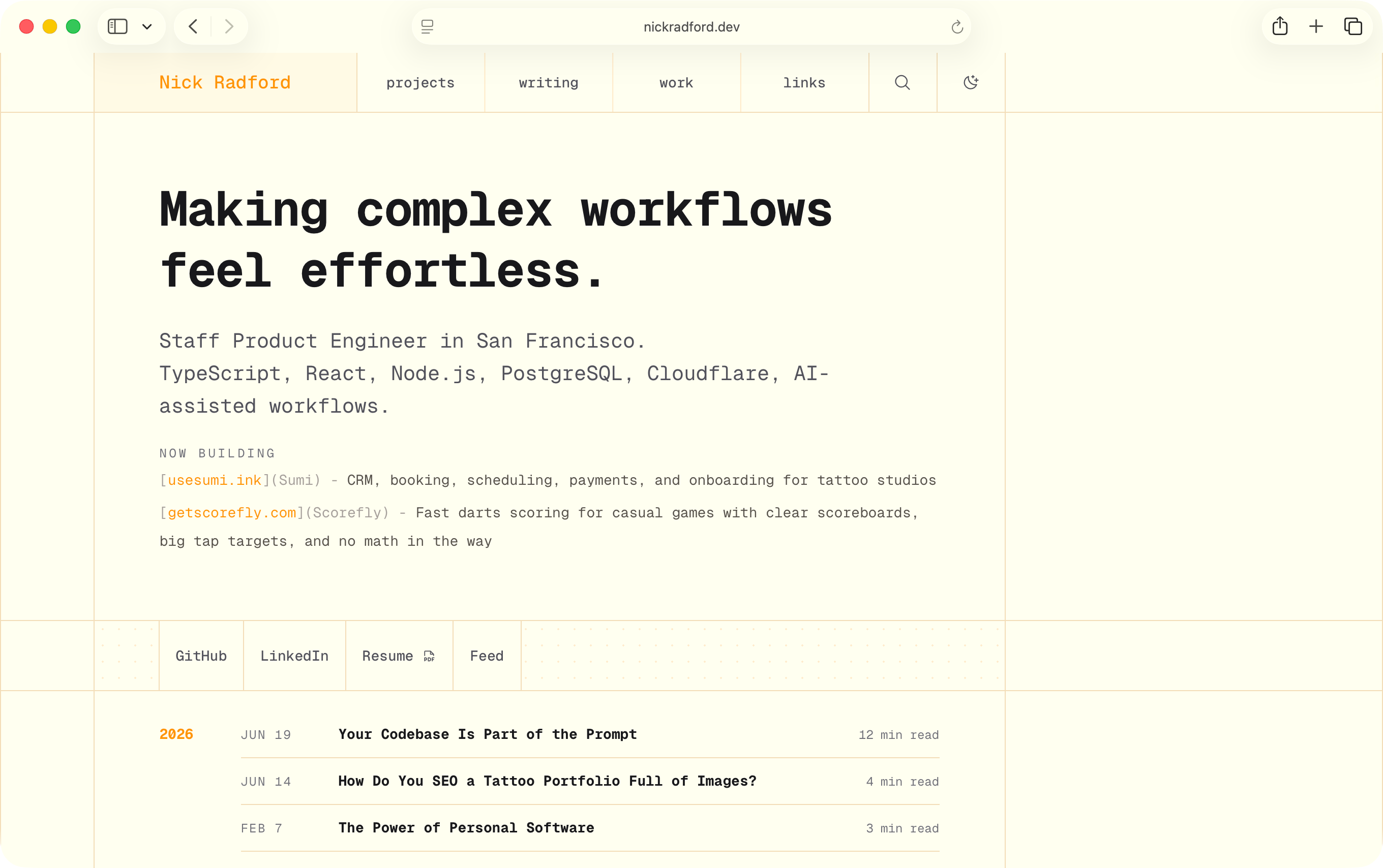 A warm yellow light mode screenshot of nickradford.dev.